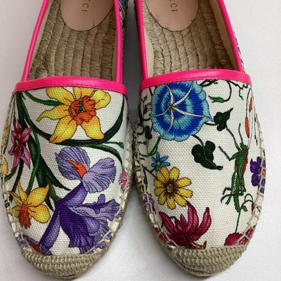 Gucci Flora Neon Trim Espadrilles White multicolor Fuxia Size EU 38 - Picture 14 of 15